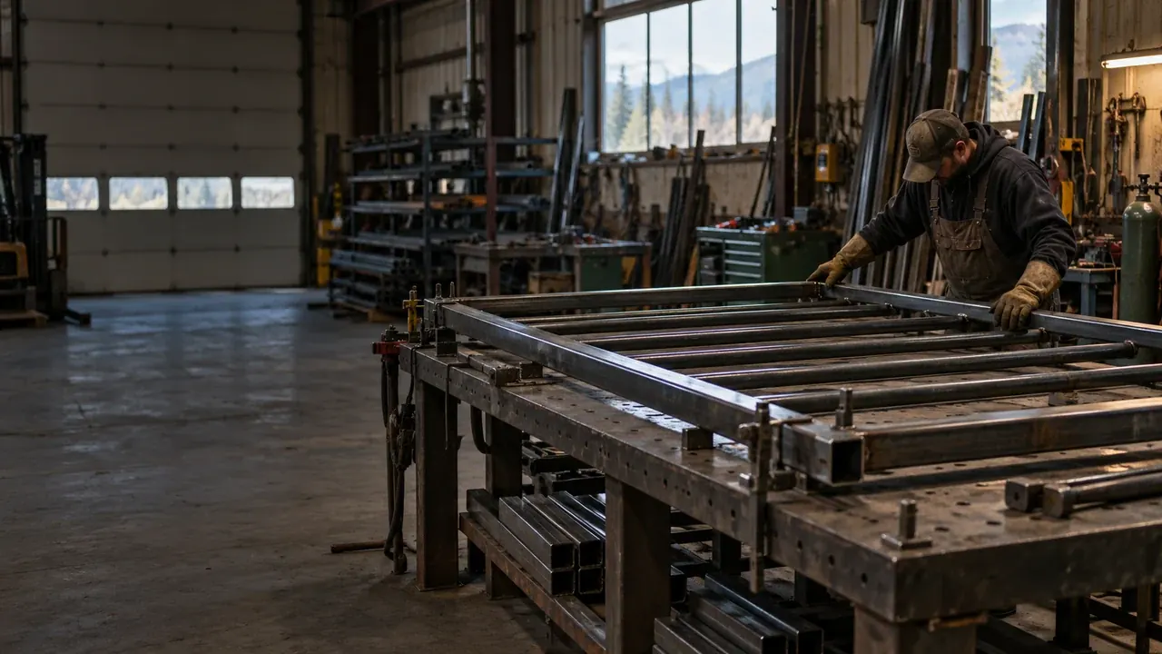 Illustrative scene of a fabricator working on a steel gate frame